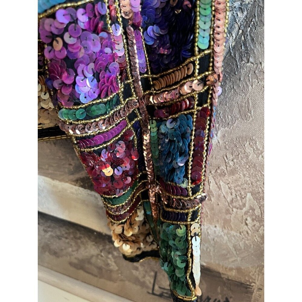 LAWRENCE KAGER SILK Rainbow Sequins 1980s Evening Jacket PL - Picture 11 of 13